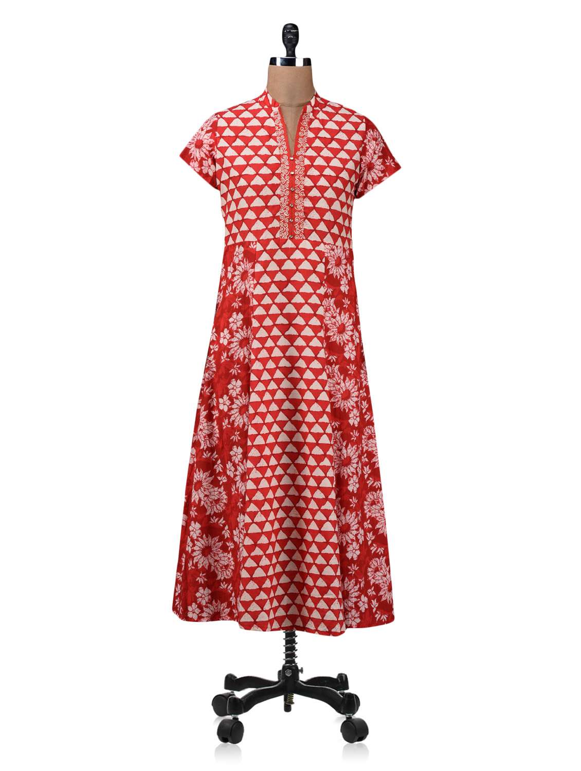 red embroidered printed cotton kurta - 1208869 - Zoom Image - 0