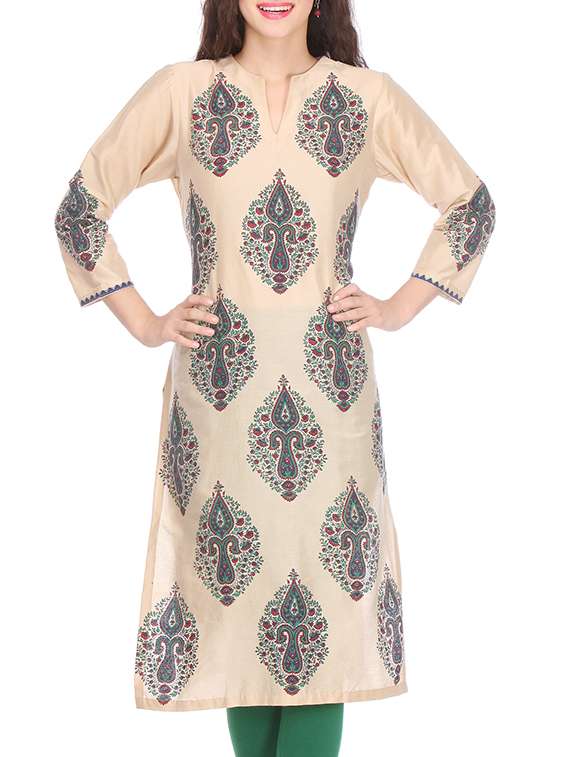 Beige printed chanderi kurta