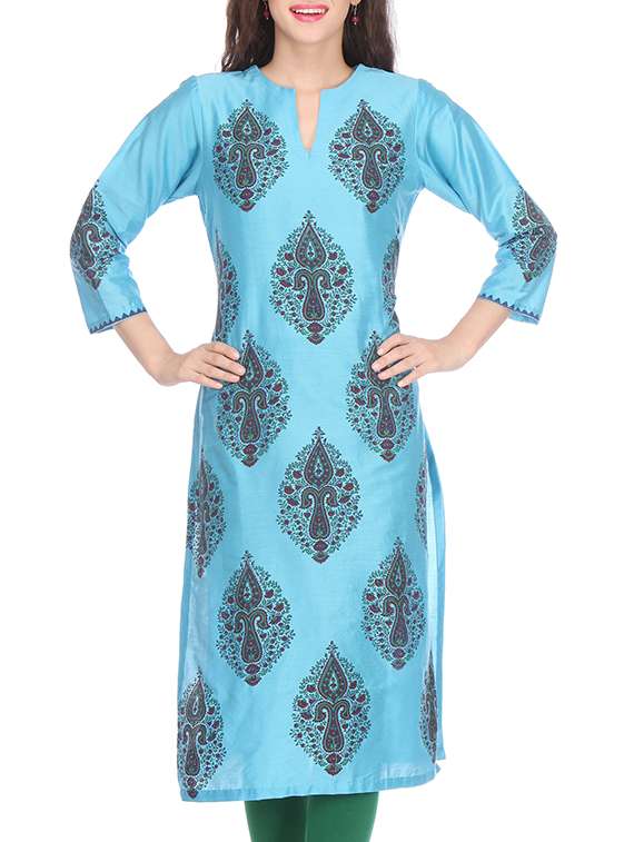 Turquoise printed chanderi kurta