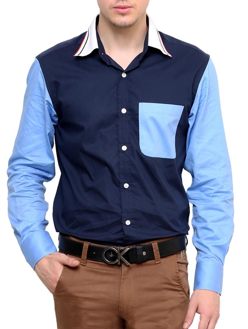 blue cotton color block casual shirt