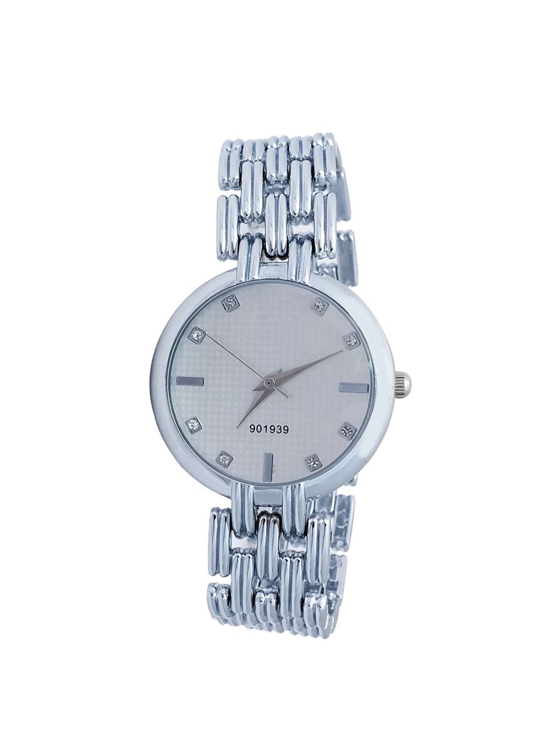 silver color, analog wrist watch with embellished stone