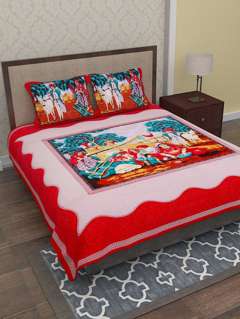 red graphic print cotton bed sheet set