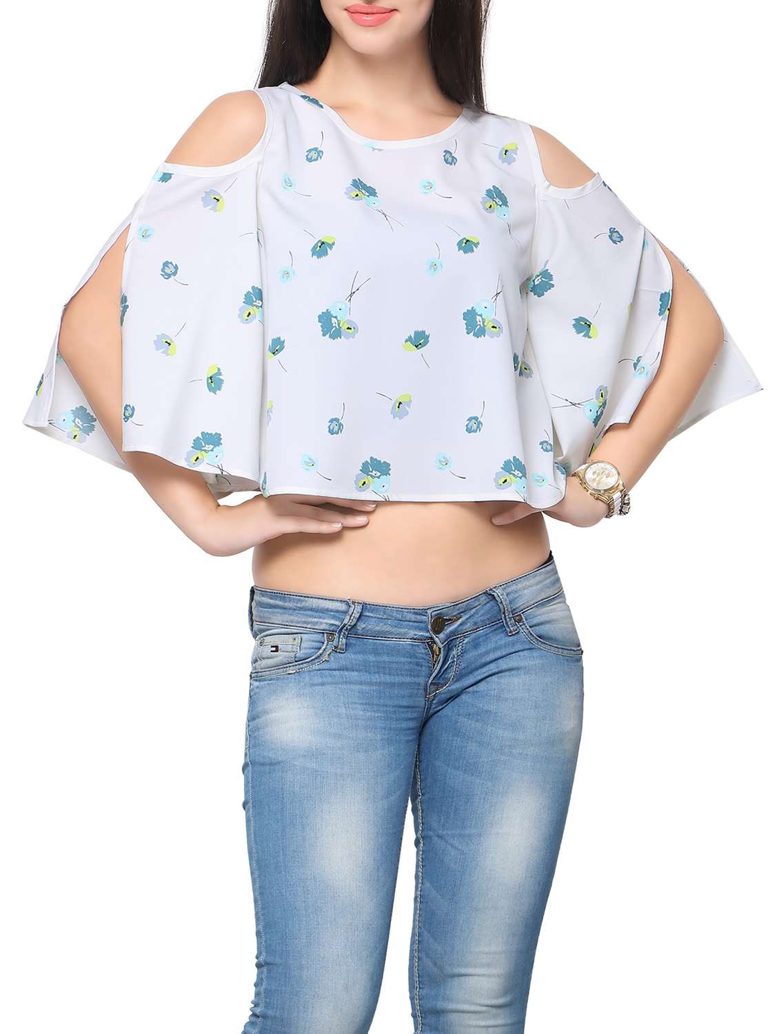 white floral printed crepe crop top