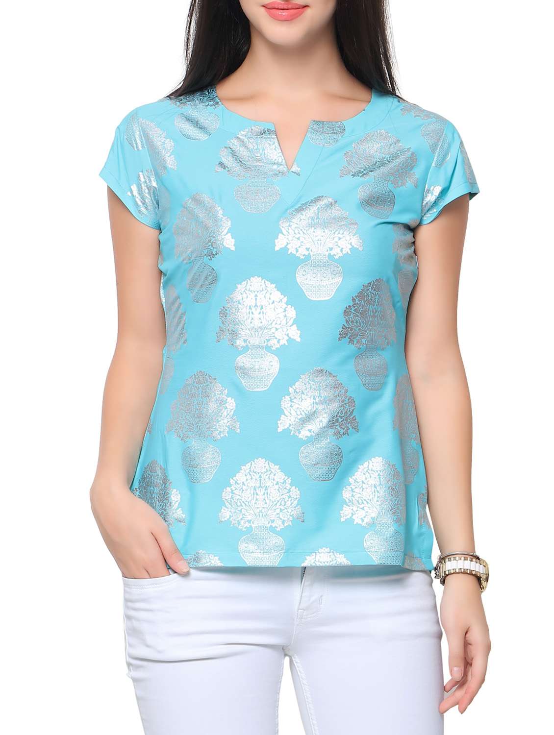 sky blue printed crepe regular top