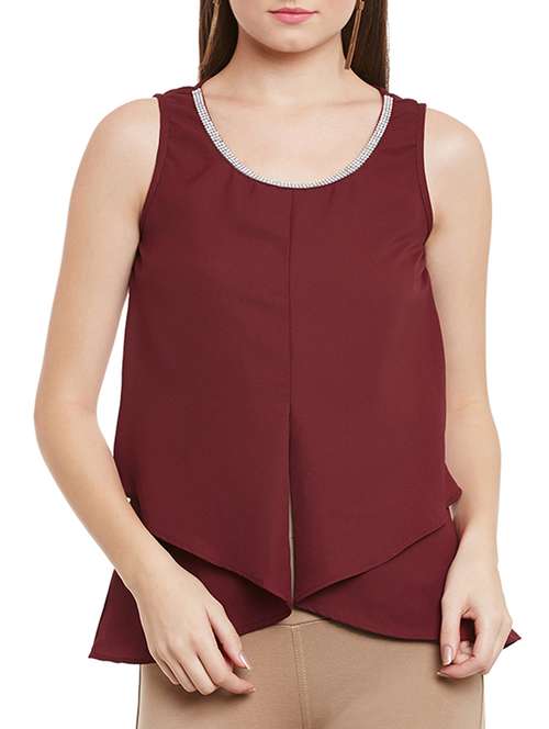maroon embellished georgette layered top - 12113507 - Standard Image - 0