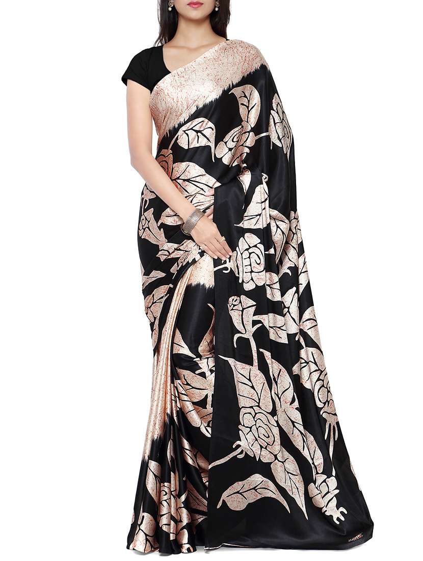 black printed crepe saree with blouse
