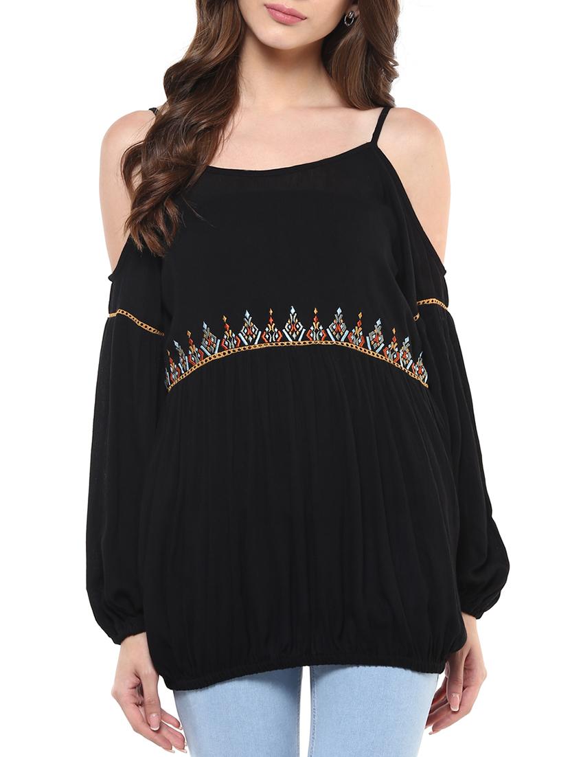 black embroidered rayon regular top - 12124172 - Zoom Image - 0