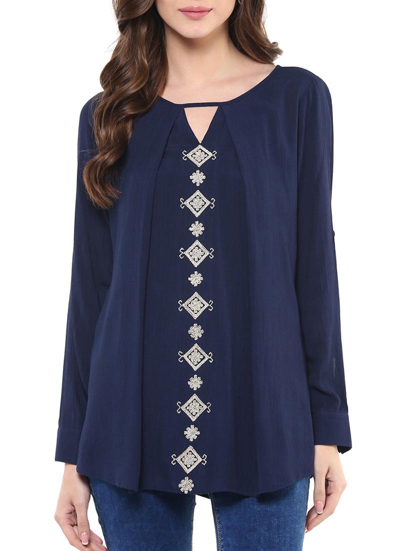 navy blue embroidered rayon top - 12124175 - Zoom Image - 0