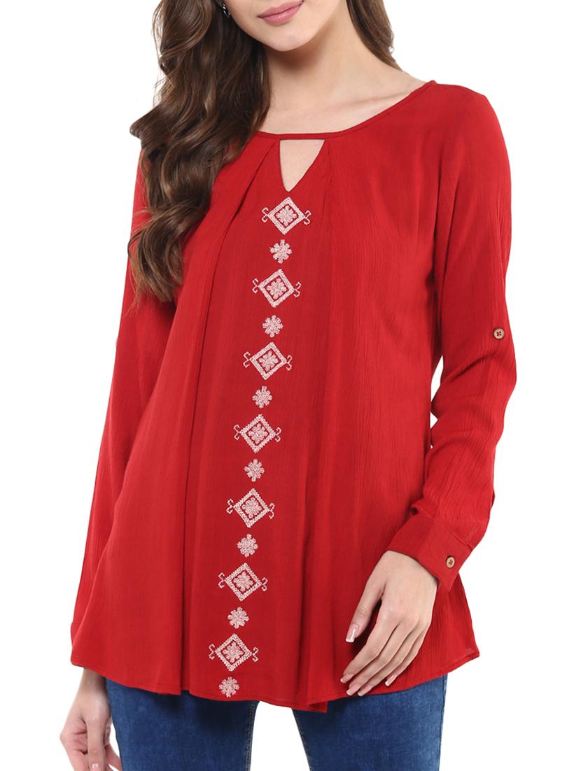 red embroidered rayon regular top - 12124176 -  Zoom Image - 0
