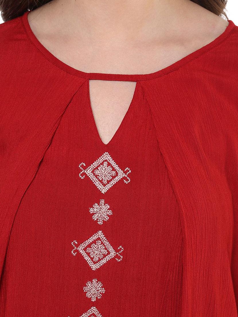 red embroidered rayon regular top - 12124176 - Standard Image - 3