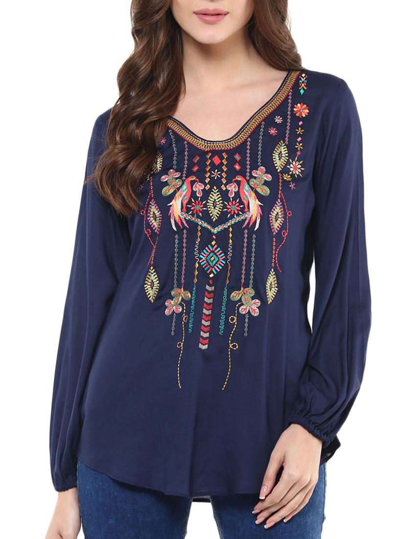 navy blue embroidered rayon top - 12124177 -  Zoom Image - 0