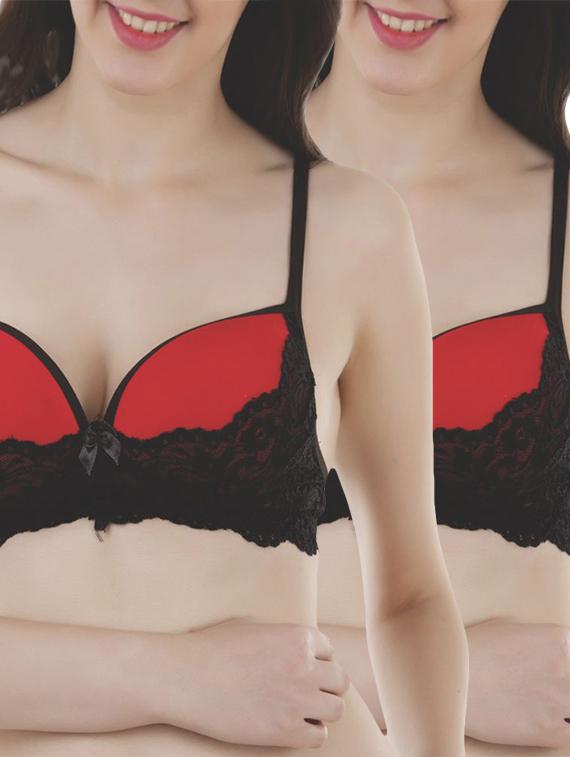 red cotton laced balconette bra - 12126755 - Zoom Image - 0