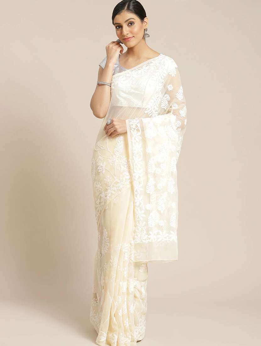 beige faux georgette chikankari saree with blouse