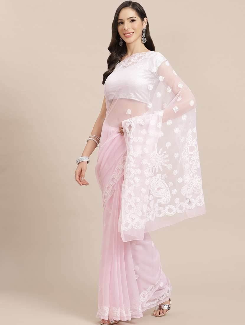 pink faux georgette chikankari saree with blouse