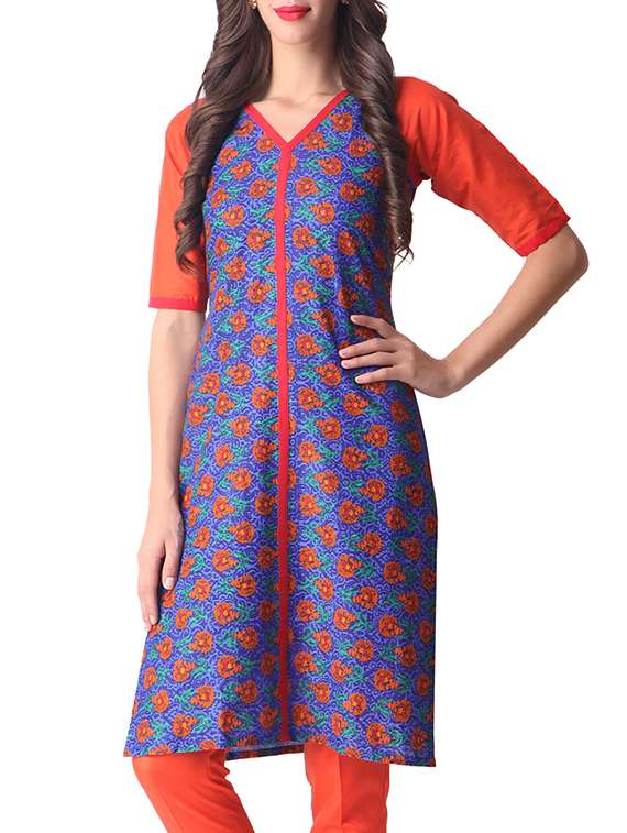 Buy online Blue Cotton Straight Kurti from Kurta Kurtis for Women by