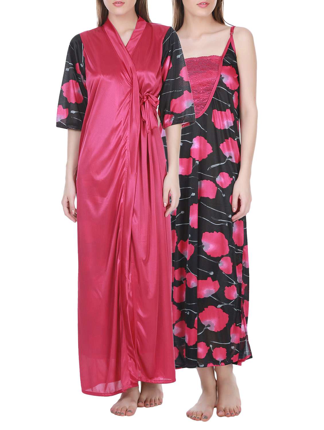 pink satin flower printed long nighty