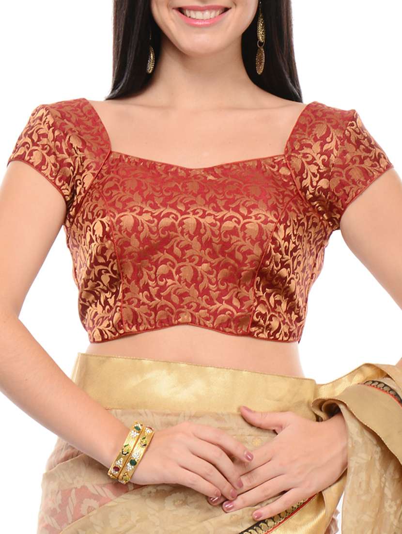 Red dupion short sleeved brocade stitched blouse