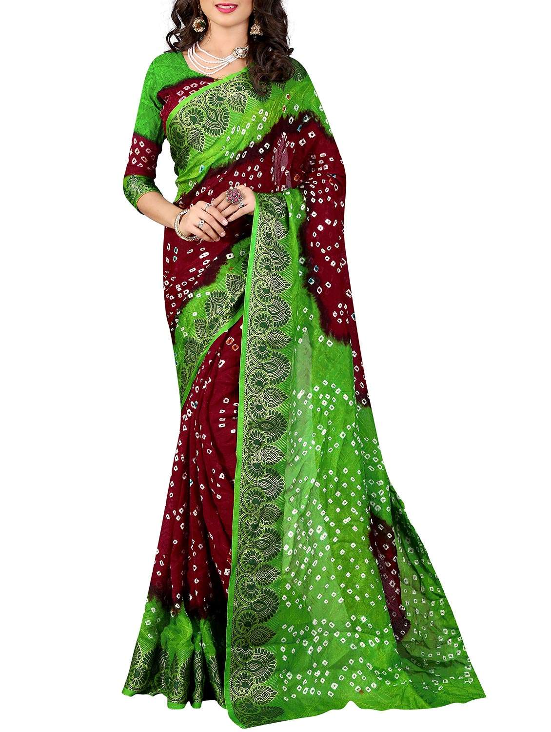 red  art silk bandhani  saree with blouse