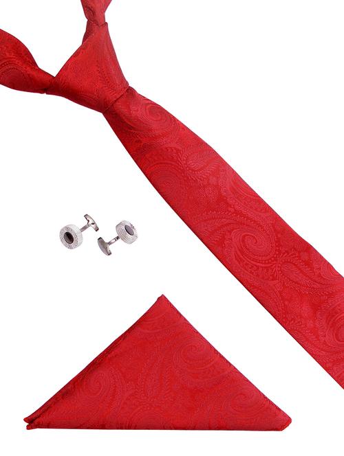 maroon color, micro fiber neck tie with cuff link and pocket square - 12157448 -  Standard Image - 0