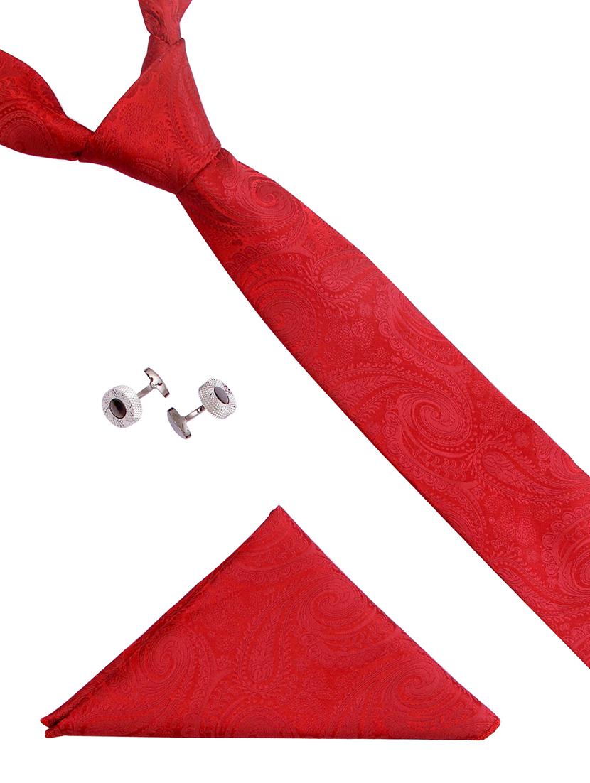 maroon color, micro fiber neck tie with cuff link and pocket square - 12157448 -  Zoom Image - 0