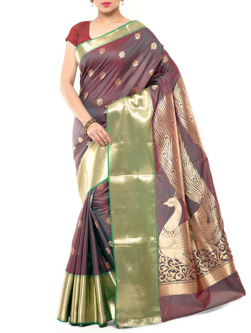 maroon&grey art silk paithani saree with blouse