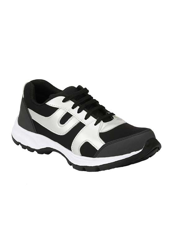 black faux leather lace up sport shoes