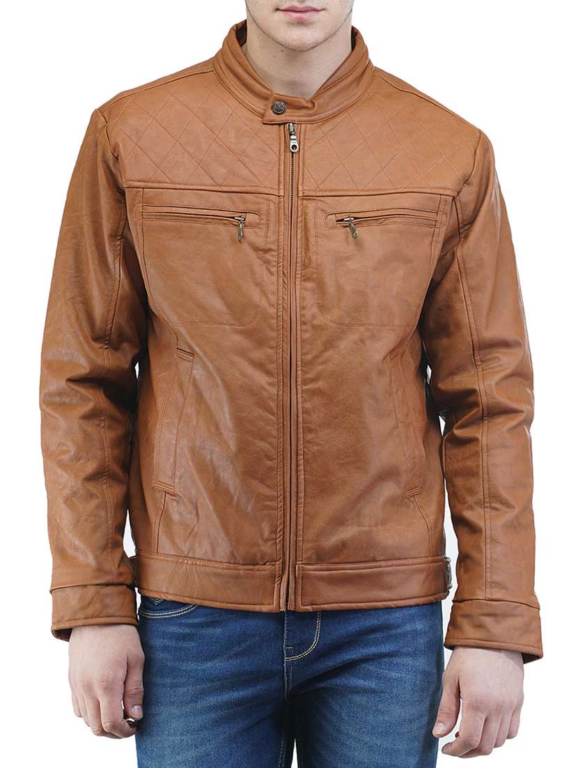solid brown leather biker jacket