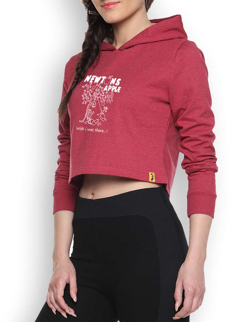 maroon womens printed crop hoodie