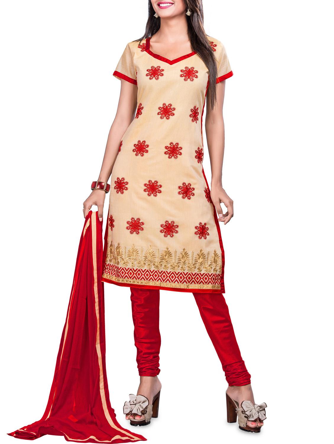 beige chanderi semi-stitched suit set - 1220062 -  Zoom Image - 0