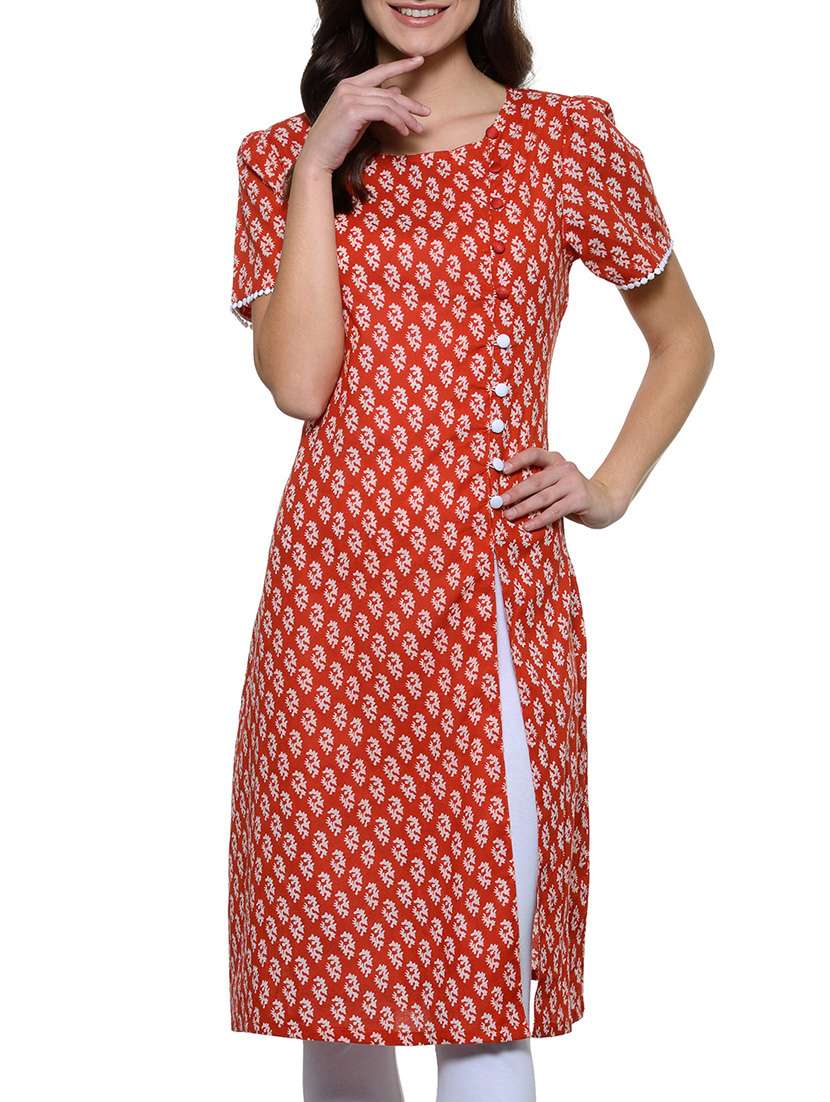 red cotton high slit kurta