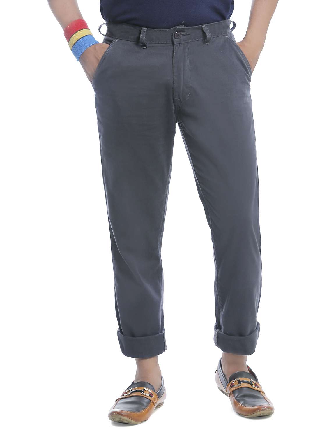 grey cotton flat front casual trousers