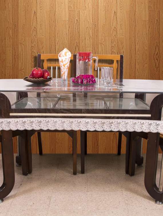 azalea clear 6 seater table cover, 3 inch white lace ,pack of 1