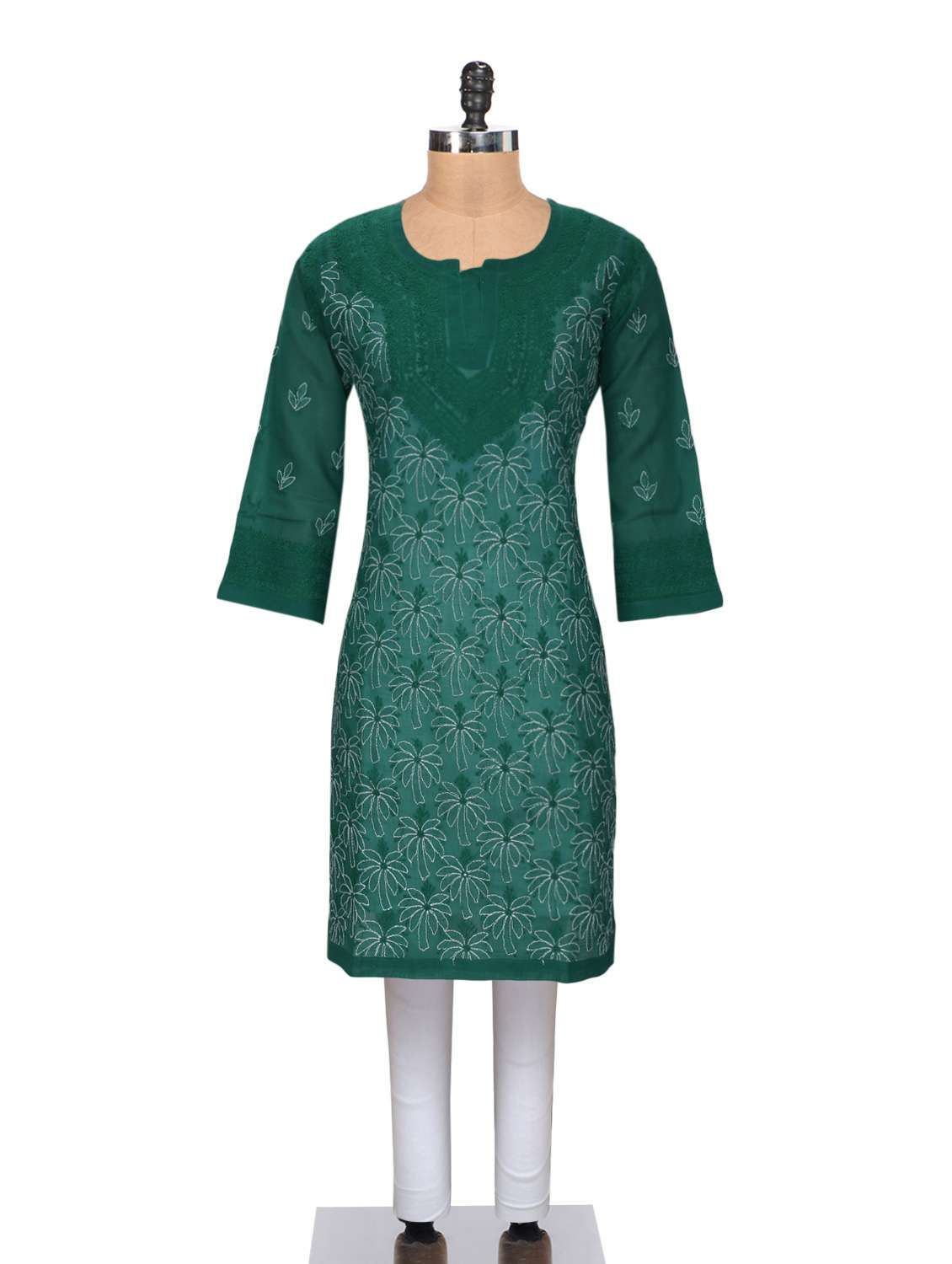 Buy online Dark Green Cotton Chikankari Kurti from Kurta Kurtis for