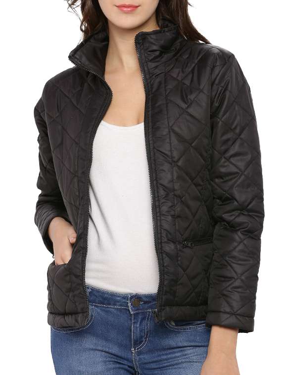 Buy online Black Cotton Quilted Jacket from jackets and blazers