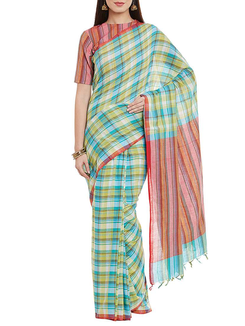 checkered woven saree with blouse