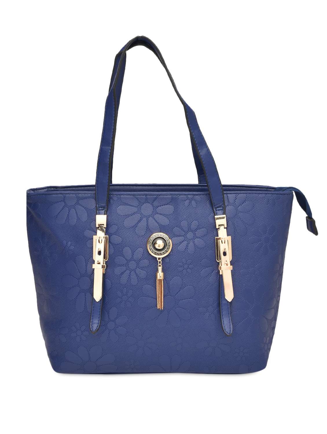 blue faux leather printed handbag