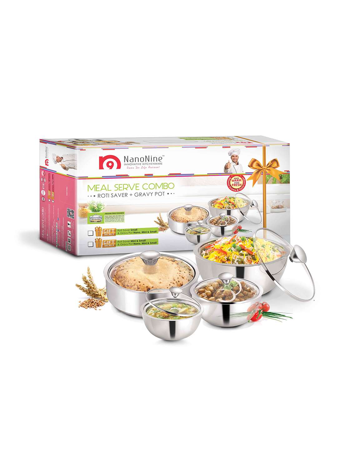 nanonine stainless steel meal serve combo gift set no. 3 (roti serve small + gravy pot nano, mini & small) ss180