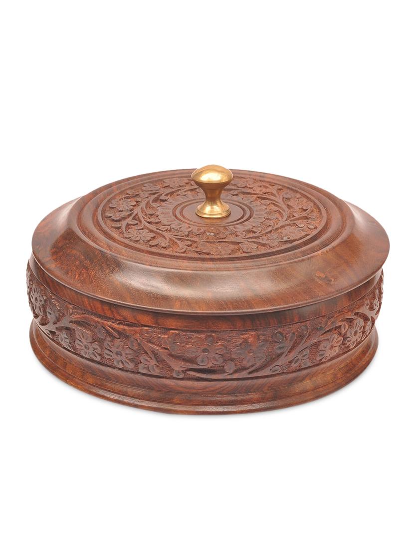 Brown Wooden Floral Dry Fruit Box With Cover - By
