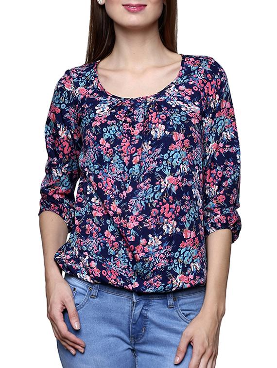 blue floral printed poly crepe top