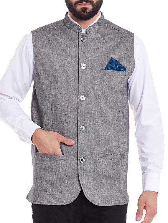 grey polyester blend nehru jacket - 12354119 -  Zoom Image - 0