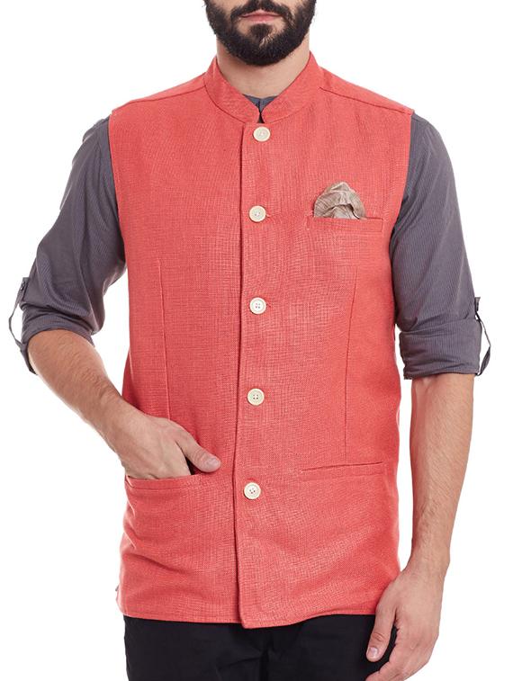red linen nehru jacket - 12354121 - Zoom Image - 0