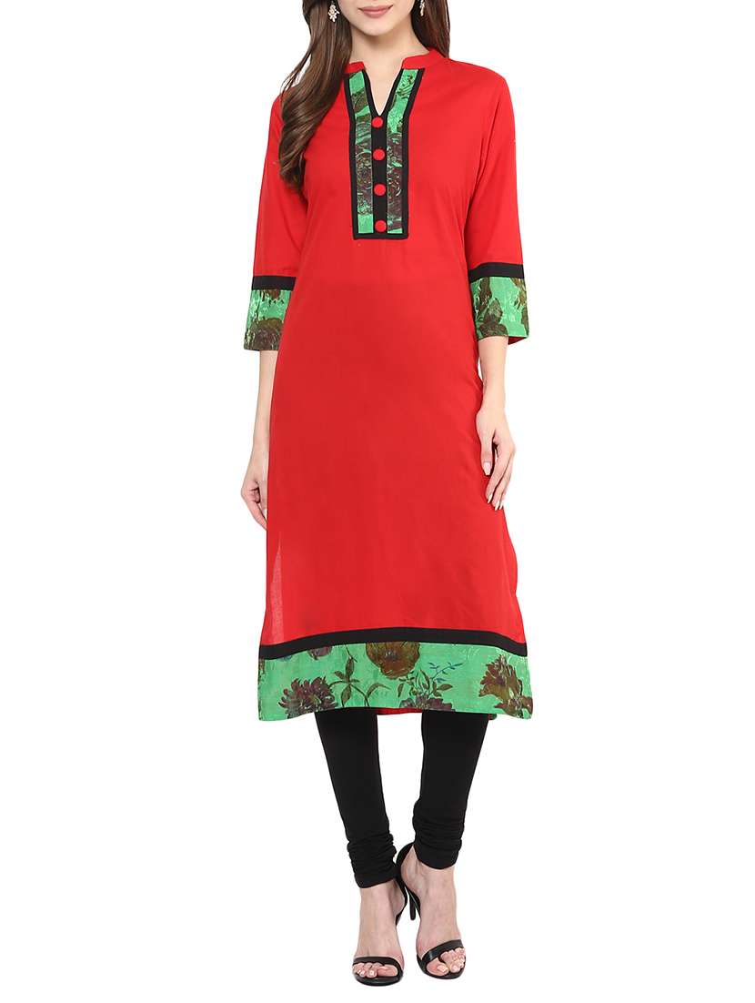 red cotton printed straight kurta