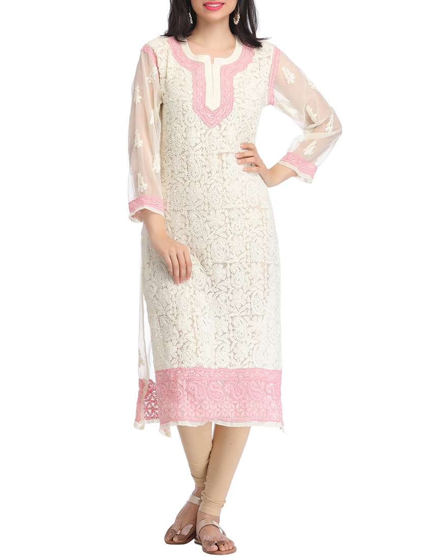 cream georgette straight chikankari kurta