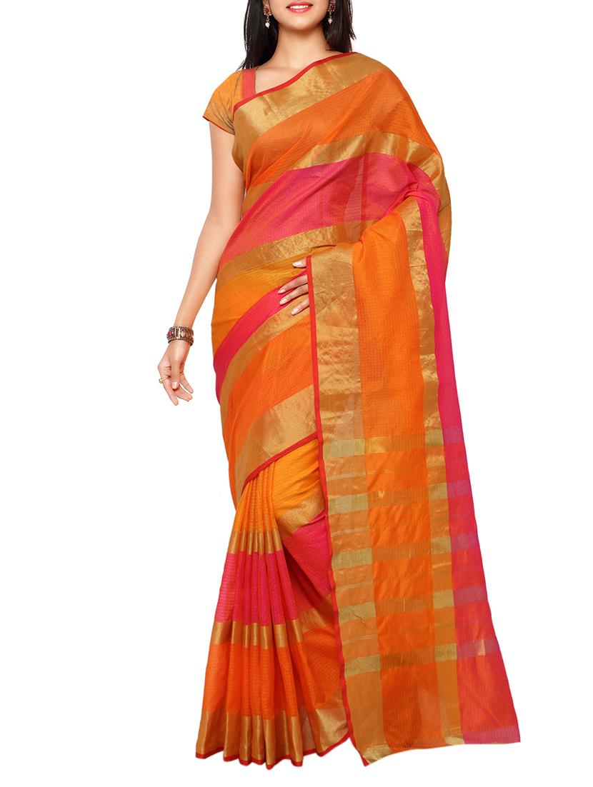orange linen jacquard saree with blouse - 12374551 - Zoom Image - 0