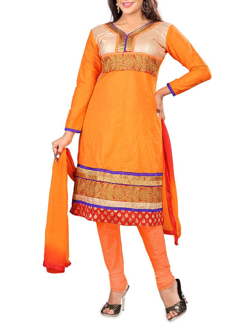 orange cambric cotton embroidered unstitched suit set