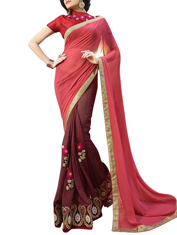 red georgette half & half saree - 12382377 - Zoom Image - 0