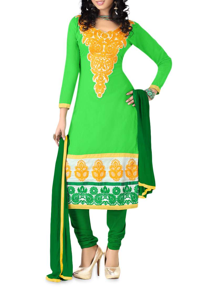 green chanderi cotton embroidered unstitched suit