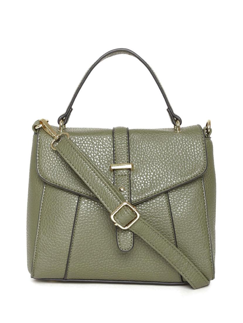 olive green leatherette textured handbag with sling - 12416264 - Zoom Image - 0