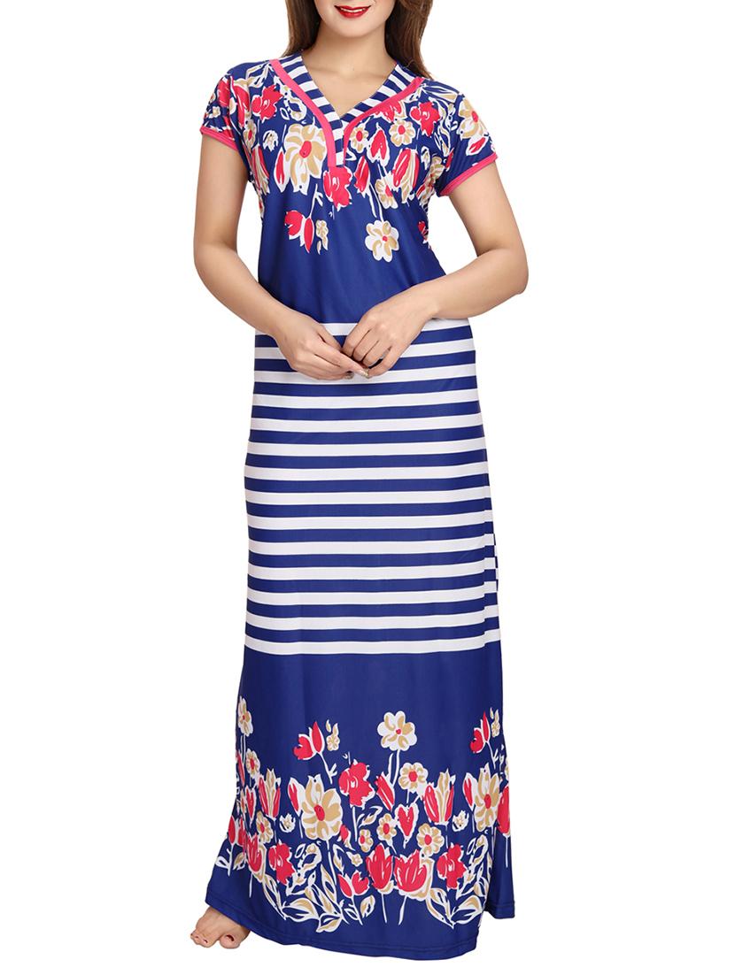 dark blue floral printed satin gown - 12427878 - Zoom Image - 0