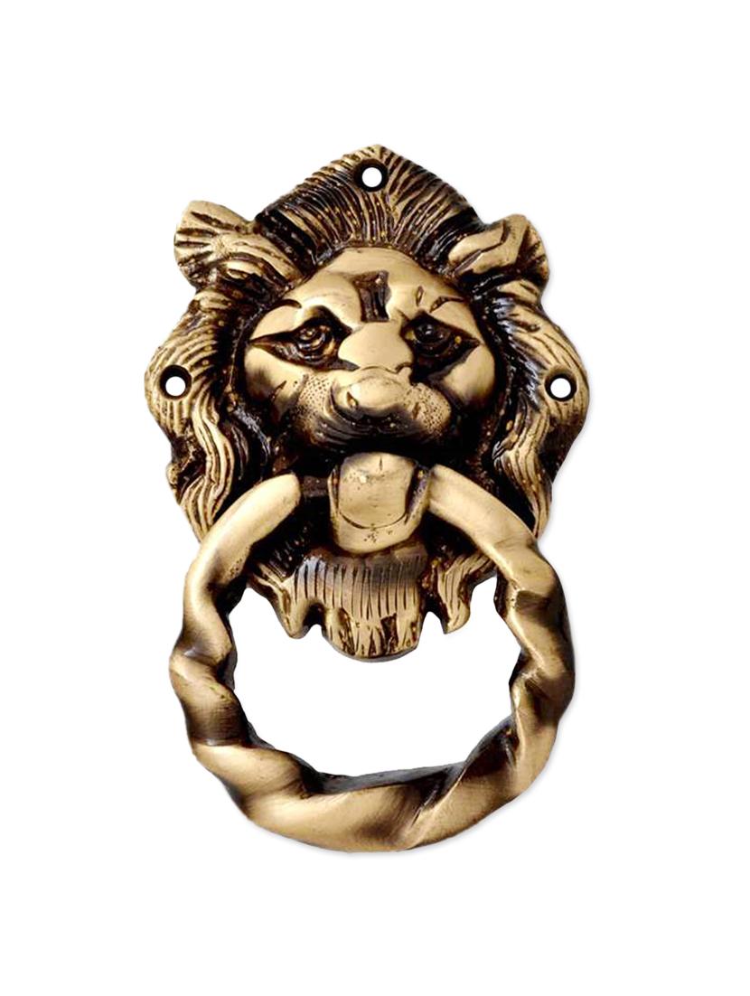 Brass Lion Face Door Knocker In Antique Finish - By